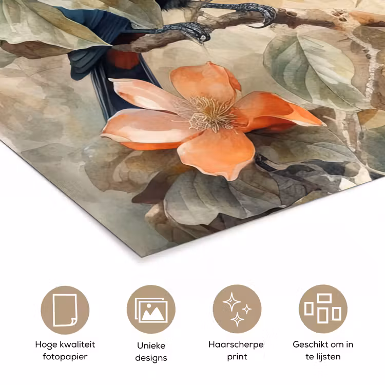 Toekan - Vogels - Bloemen - Tak poster papier klein -closeup_NL