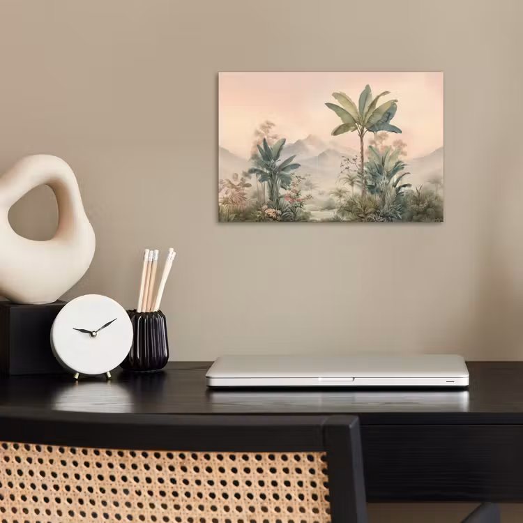 Tropisch landschap - palmbomen - Bloemen - Roze lucht poster papier klein -sfeer1