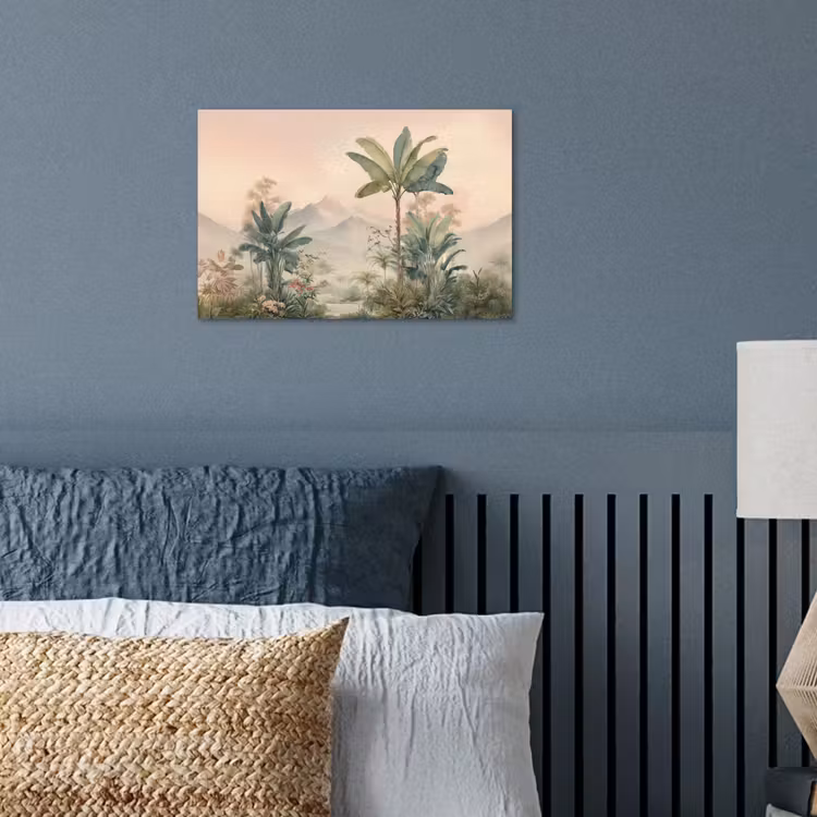 Tropisch landschap - palmbomen - Bloemen - Roze lucht poster papier klein -sfeer2