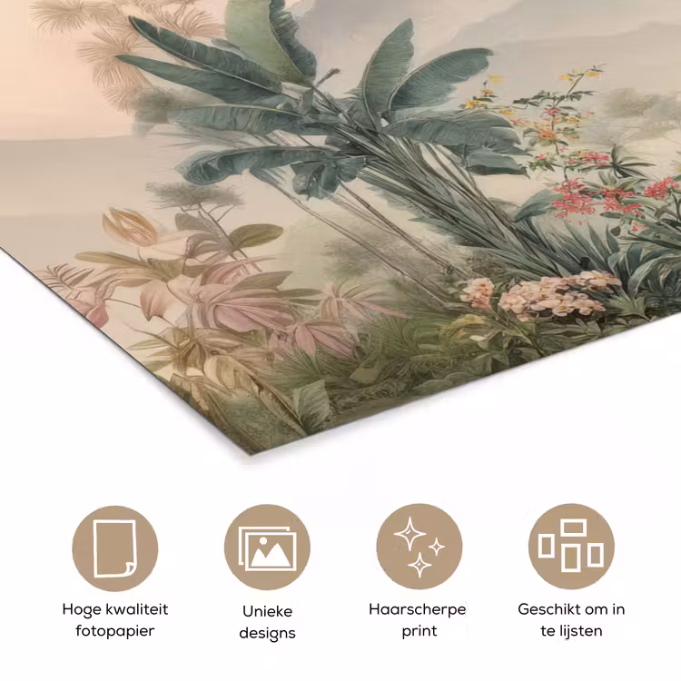 Tropisch landschap - palmbomen - Bloemen - Roze lucht poster papier klein -closeup_NL
