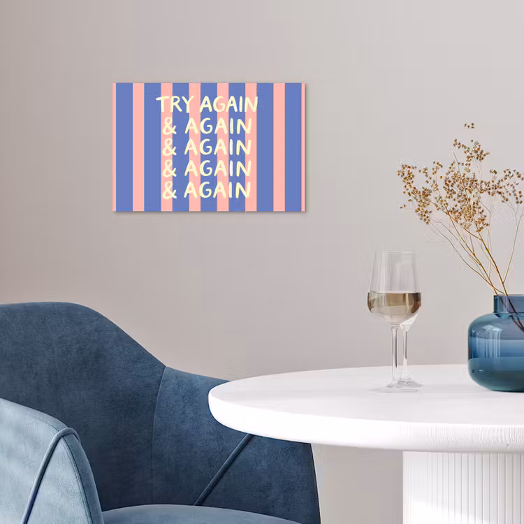 Try again - Strepen - Roze - Verticaal - Blauw poster papier klein -sfeer3