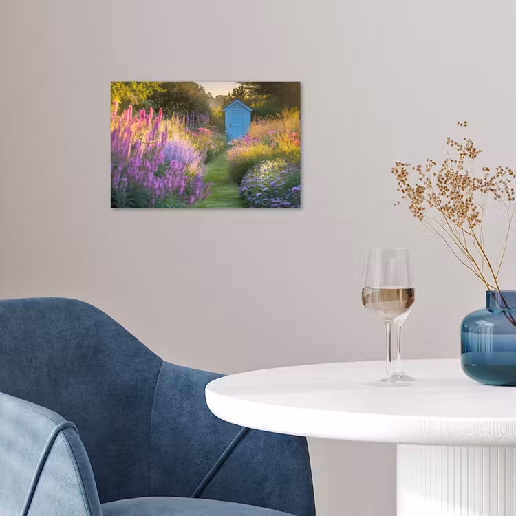 Tuinhuisje - Blauw - Bloemen poster papier klein -sfeer3