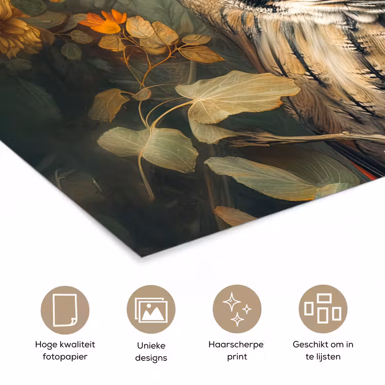 Uil - Vogels - Bloemen - Natuur poster papier klein -closeup_NL