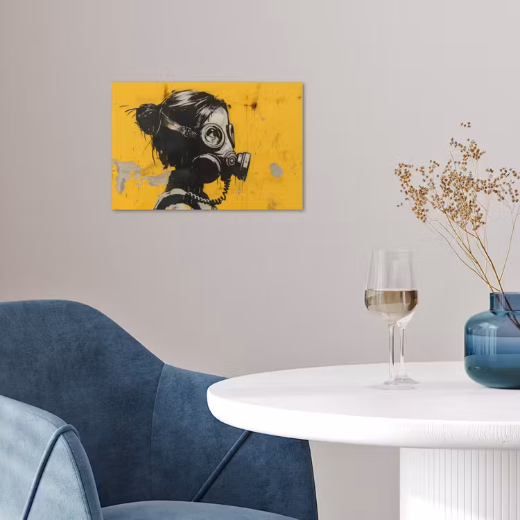 Vintage - Street art - Meisje - Masker - Geel - Banksy poster papier klein -sfeer3