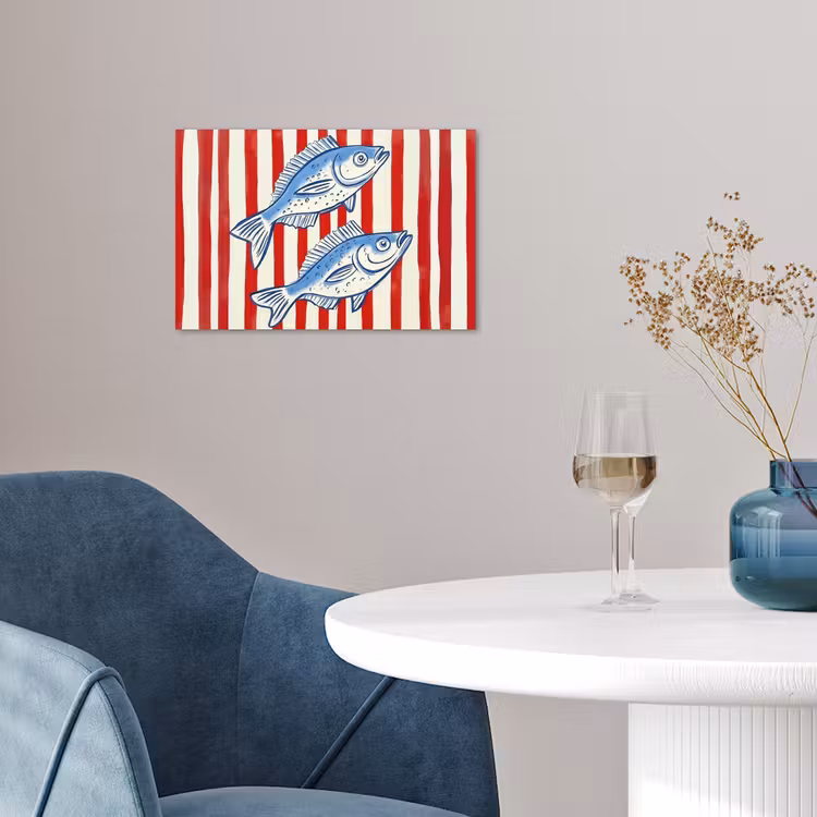 Vissen - Verticale strepen - Blauw - Rood poster papier klein -sfeer3
