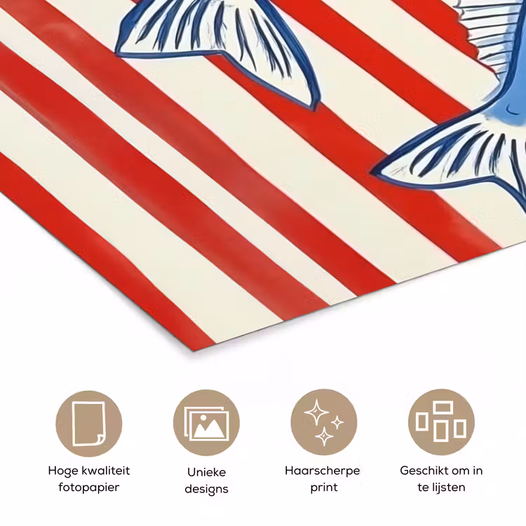 Vissen - Verticale strepen - Blauw - Rood poster papier klein -closeup_NL