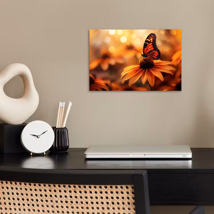 Vlinder - Bloemen - Oranje poster papier klein -sfeer1
