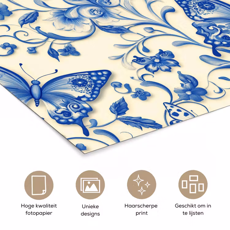 Vlinders - Bloemen - Blauw - Botanisch poster papier klein 62 -closeup_NL