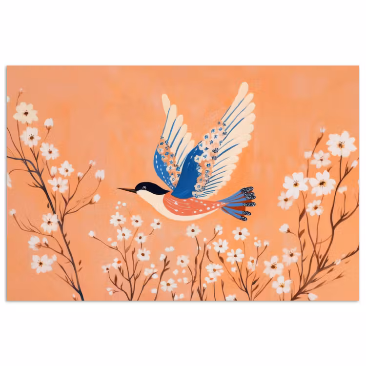 Vogel - Bloesemtakken - Warm - Kleurrijk poster papier klein -3d