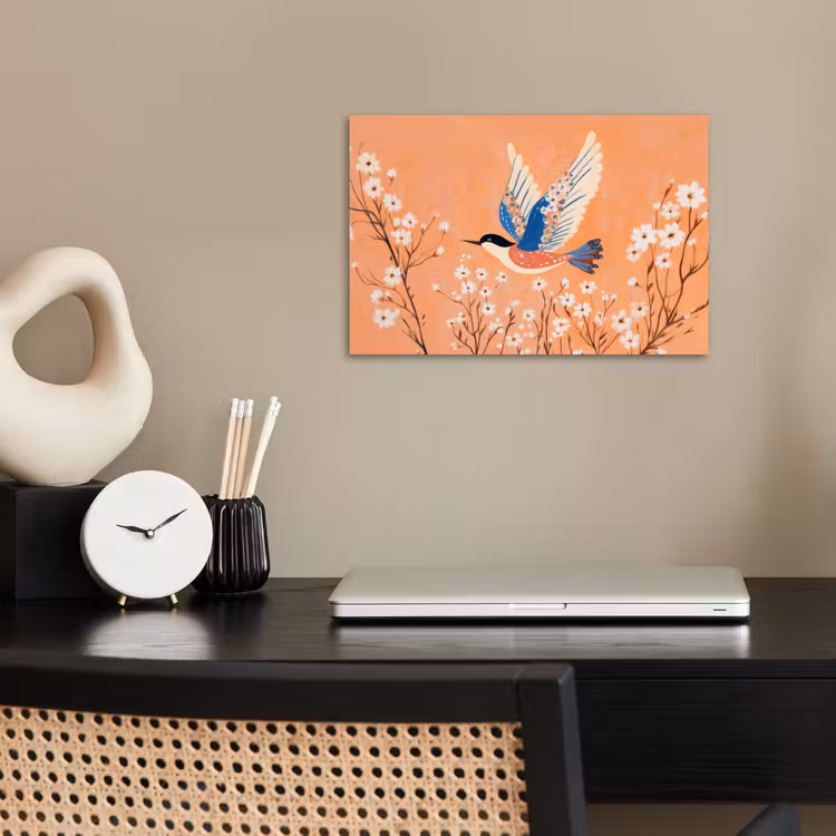 Vogel - Bloesemtakken - Warm - Kleurrijk poster papier klein -sfeer1