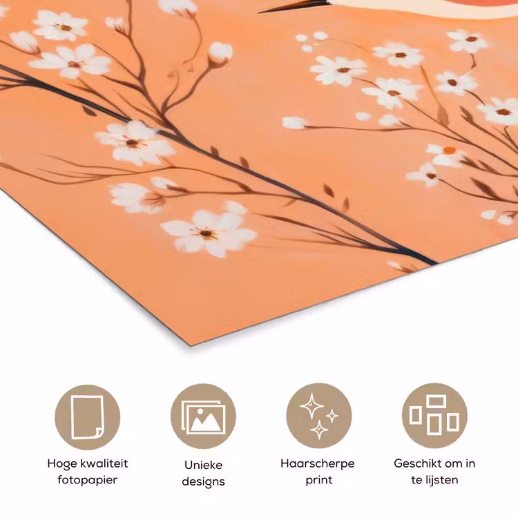 Vogel - Bloesemtakken - Warm - Kleurrijk poster papier klein -closeup_NL