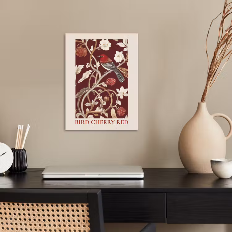 Vogel - Bordeaux - Bloemen - Bessen poster papier klein -sfeer1