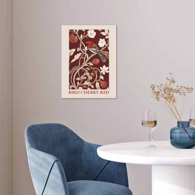 Vogel - Bordeaux - Bloemen - Bessen poster papier klein -sfeer3