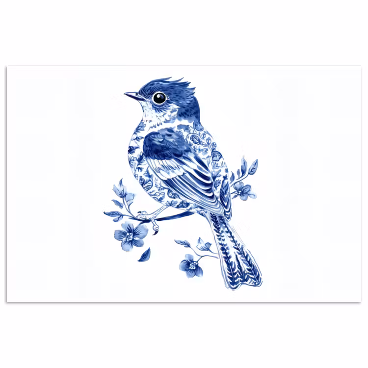 Vogel - Delfts blauw - Illustratie - Bloemen poster papier klein -3d