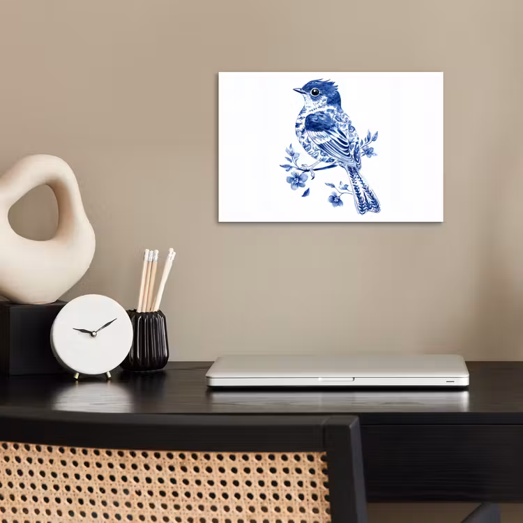 Vogel - Delfts blauw - Illustratie - Bloemen poster papier klein -sfeer1