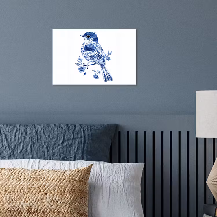 Vogel - Delfts blauw - Illustratie - Bloemen poster papier klein -sfeer2