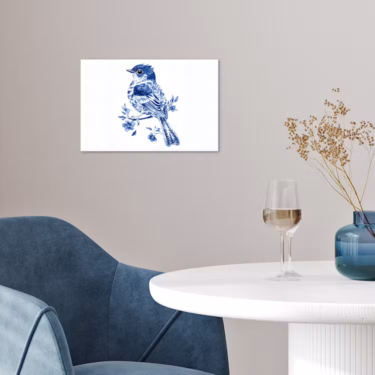 Vogel - Delfts blauw - Illustratie - Bloemen poster papier klein -sfeer3