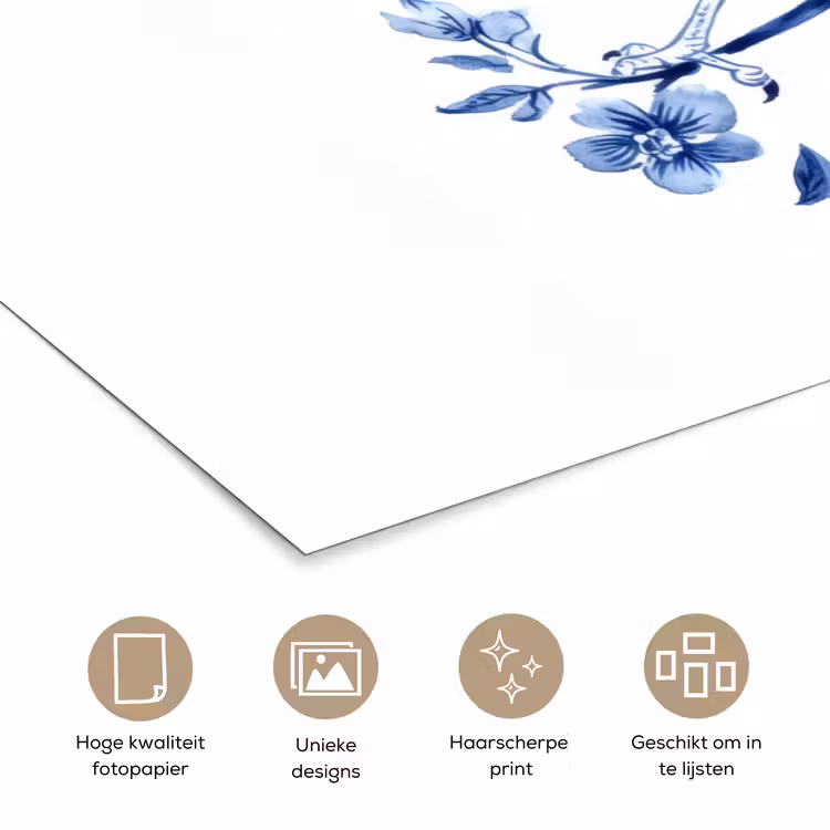 Vogel - Delfts blauw - Illustratie - Bloemen poster papier klein -closeup_NL