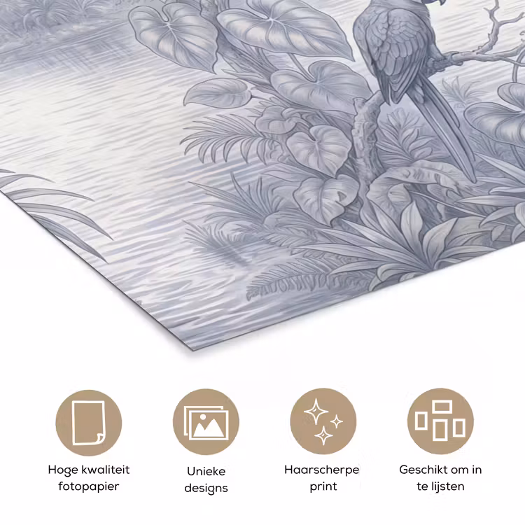 Vogel - Rivier - Tropisch - Illustratie - Blauw poster papier klein -closeup_NL