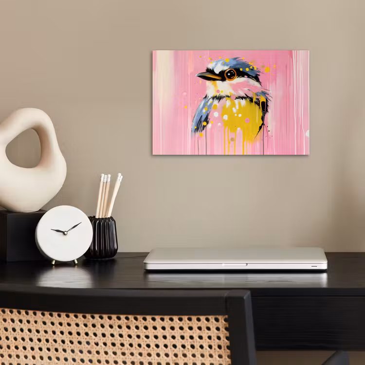 Vogel - Roze - Geel - Blauw poster papier klein -sfeer1
