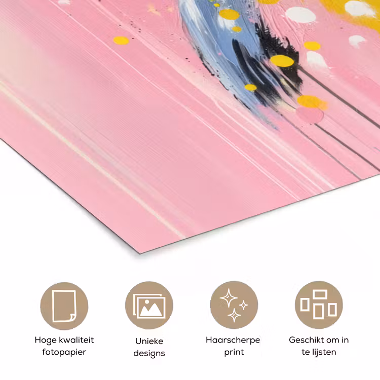 Vogel - Roze - Geel - Blauw poster papier klein -closeup_NL