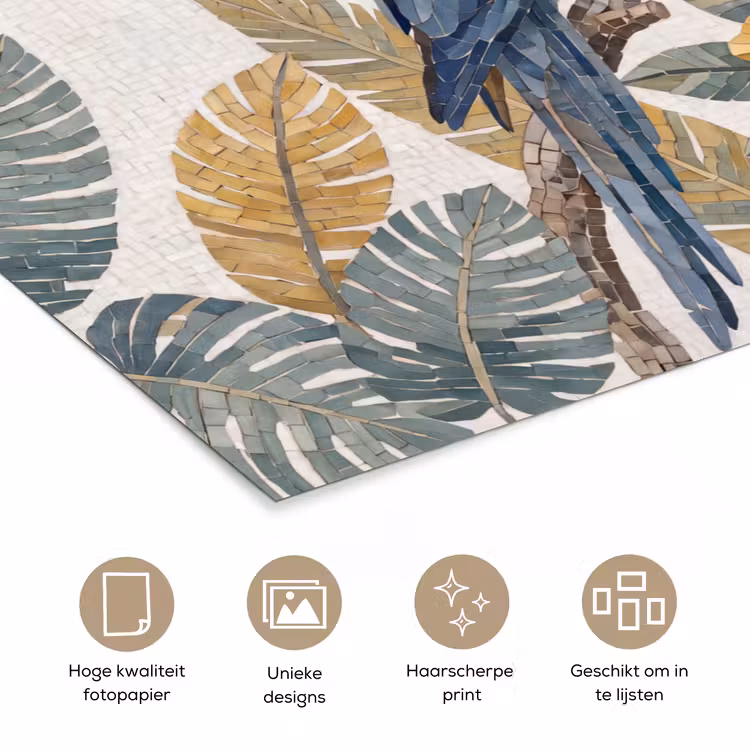 Vogel - Tak - Natuur - Mozaïek - Blauw poster papier klein -closeup_NL