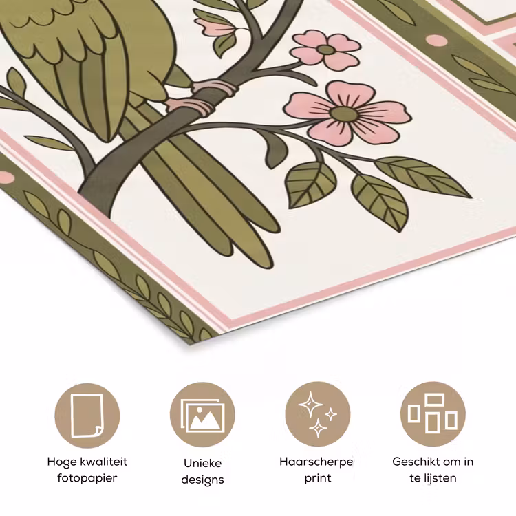 Vogel - Tropisch - Patroon - Decoratief - Groen poster papier klein -closeup_NL