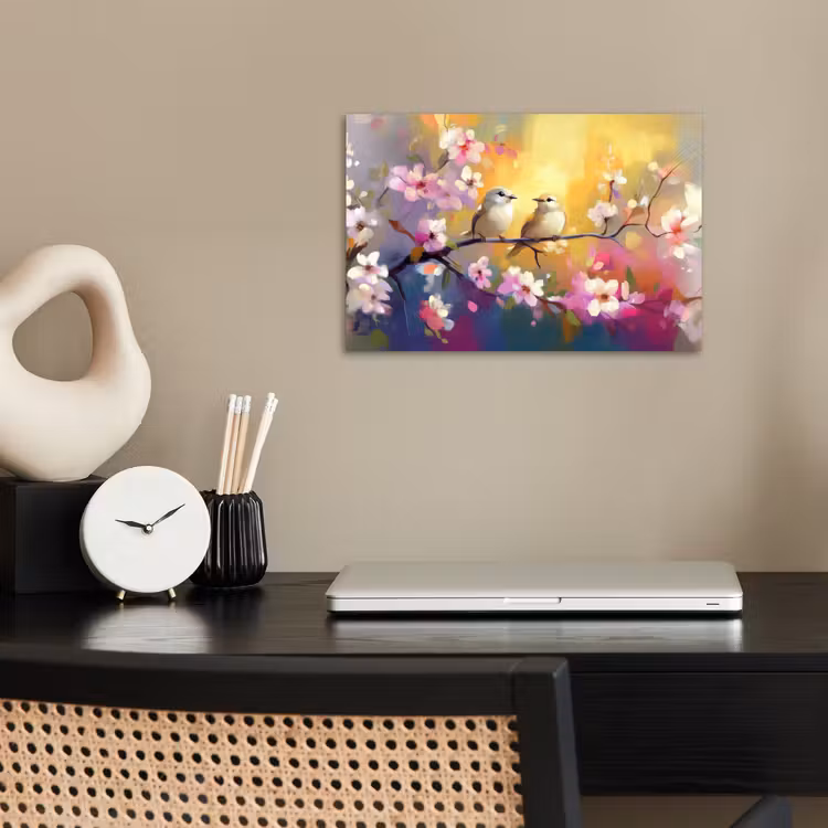Vogels - Bloemen - Roze poster papier klein -sfeer1
