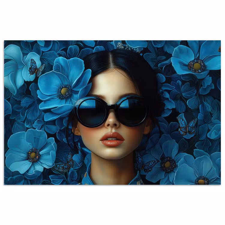 Vrouw - Bloemen - Blauw - Aesthetic - Luxe poster papier klein -3d