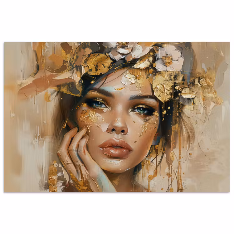 Vrouw - Bloemen - Goud - Portret poster papier klein -3d