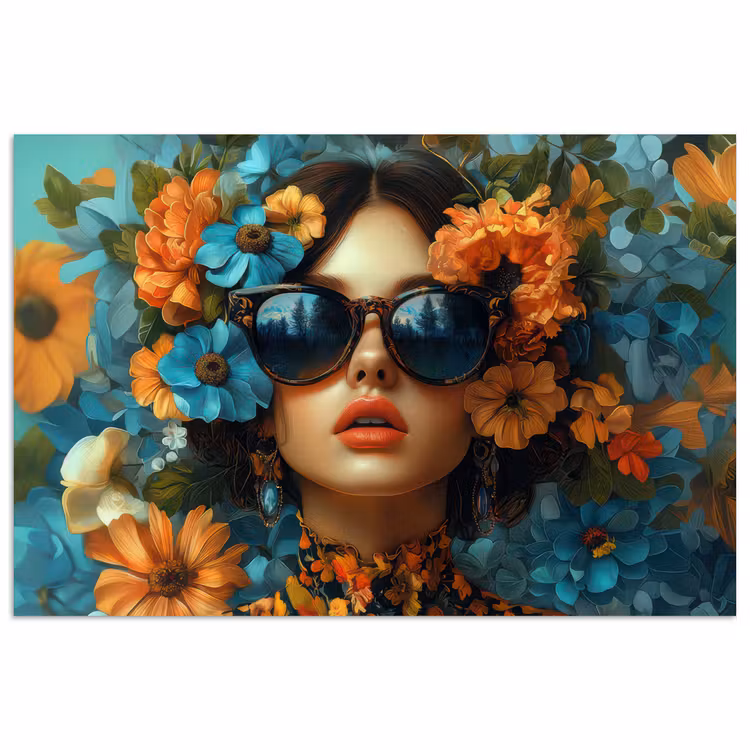 Vrouw - Bloemen - Oranje - Blauw - Modern poster papier klein -3d