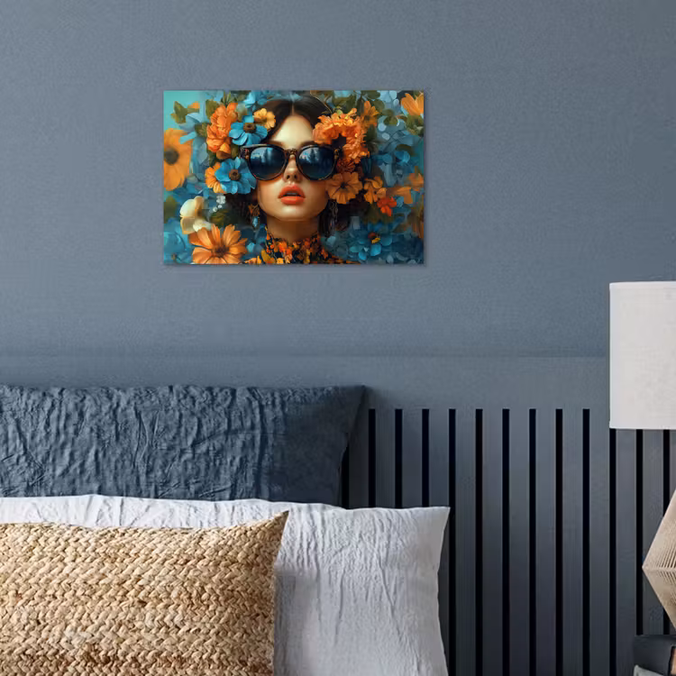 Vrouw - Bloemen - Oranje - Blauw - Modern poster papier klein -sfeer2