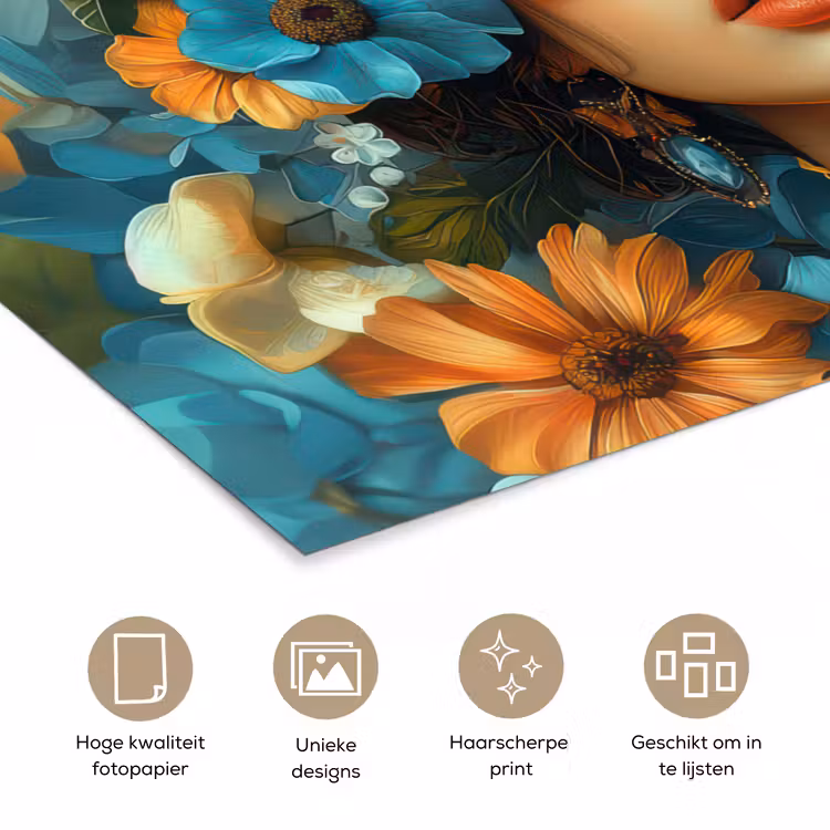 Vrouw - Bloemen - Oranje - Blauw - Modern poster papier klein -closeup_NL