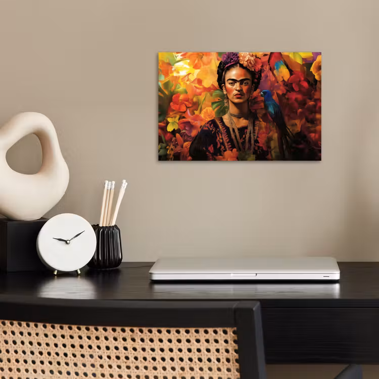 Vrouw - Bloemen - Papegaai - Schilderachtig poster papier klein -sfeer1