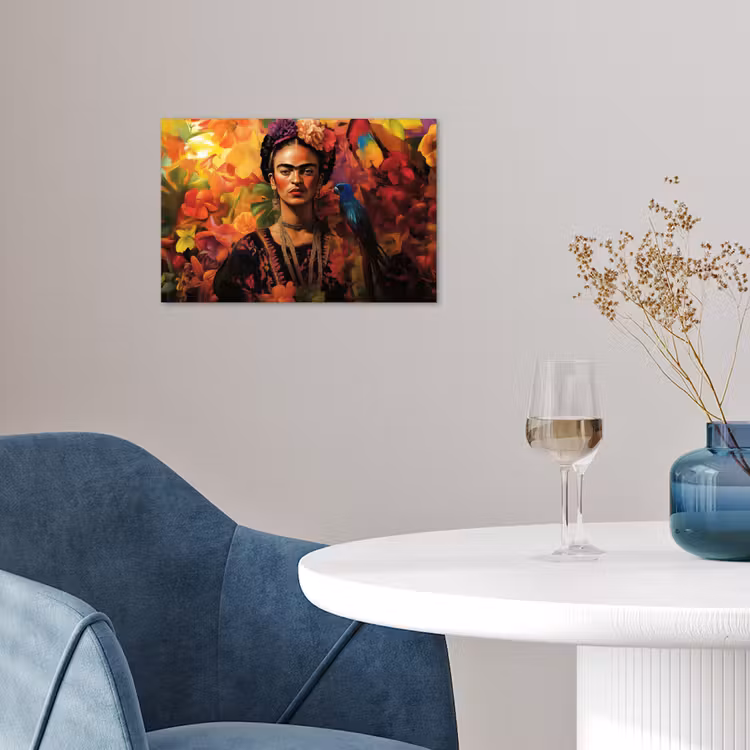 Vrouw - Bloemen - Papegaai - Schilderachtig poster papier klein -sfeer3