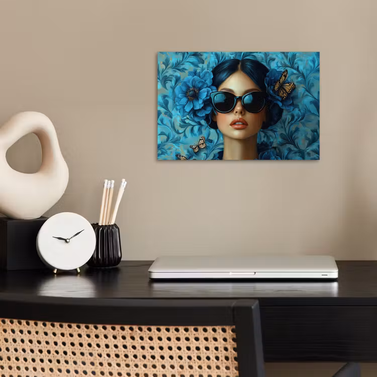 Vrouw - Bloemen - Vlinders - Blauw - Abstract poster papier klein -sfeer1