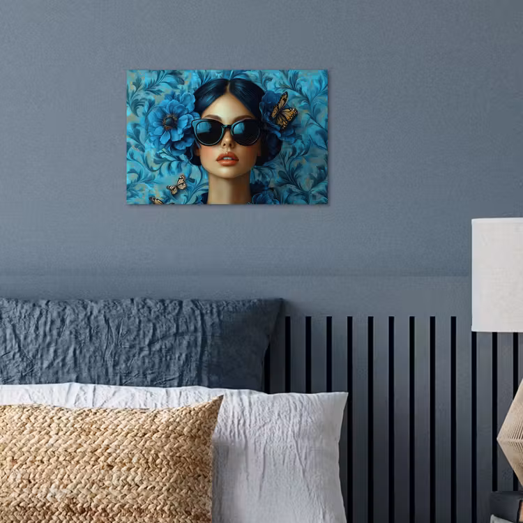 Vrouw - Bloemen - Vlinders - Blauw - Abstract poster papier klein -sfeer2