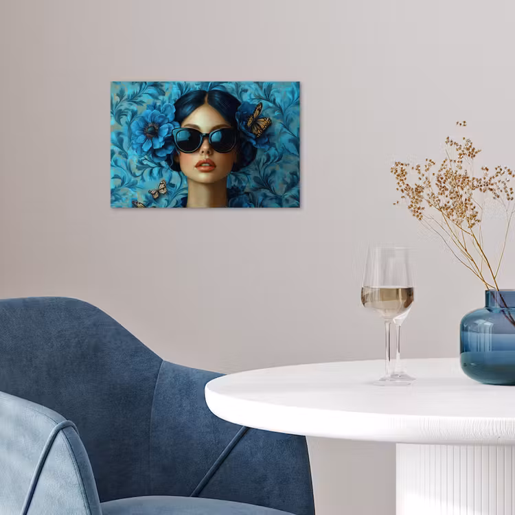 Vrouw - Bloemen - Vlinders - Blauw - Abstract poster papier klein -sfeer3