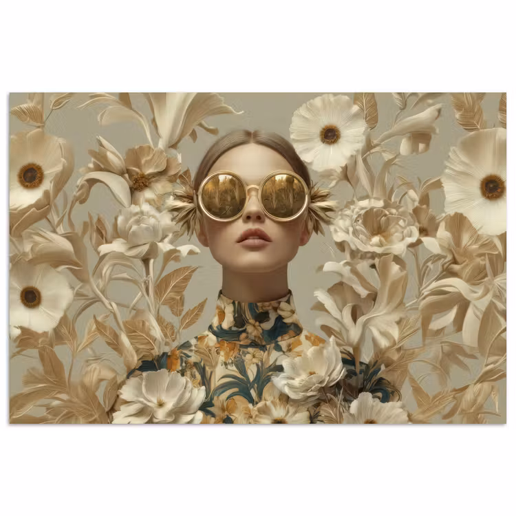 Vrouw - Bloemen - Zonnebril - Wit poster papier klein -3d