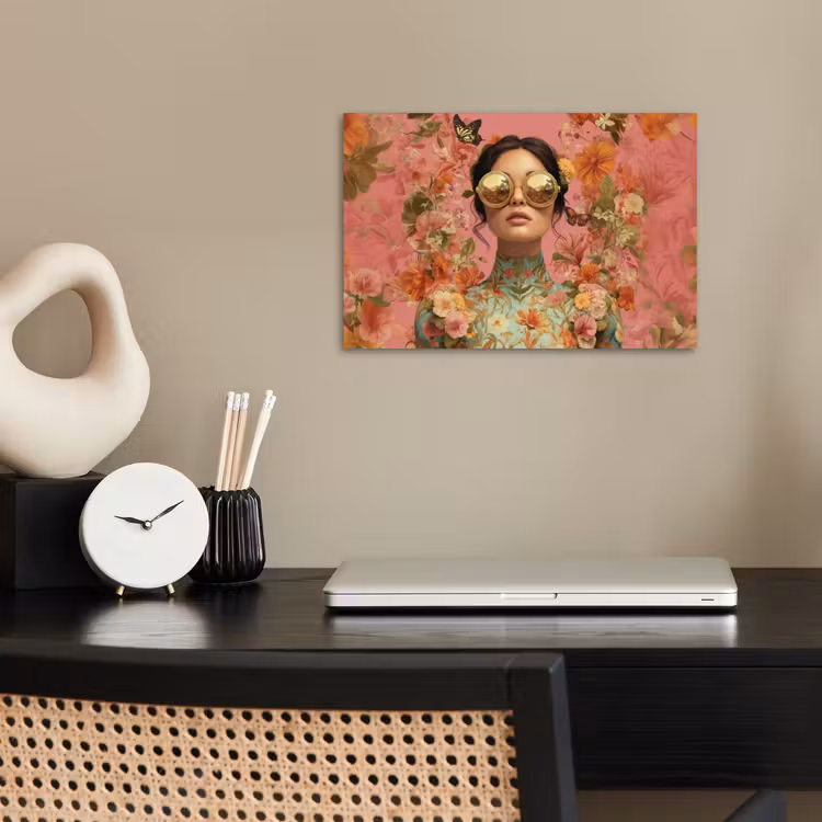 Vrouw - Bril - Roze - Bloemen poster papier klein -sfeer1