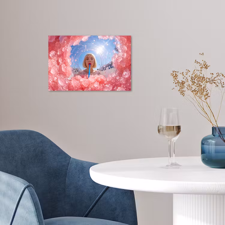 Vrouw - Drank - Zomer - Roze - Blauw poster papier klein -sfeer3