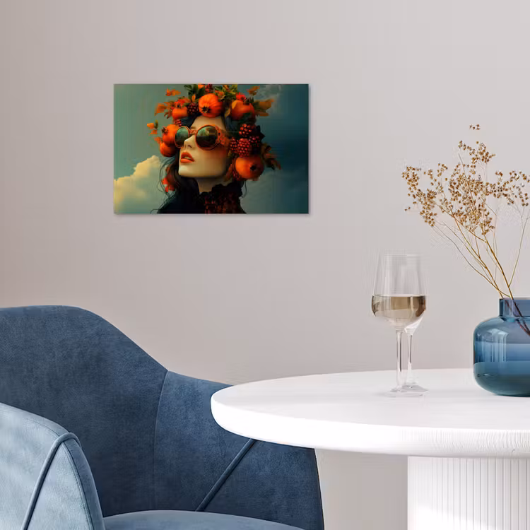 Vrouw - Granaatappel - Herfst - Zonnebril poster papier klein -sfeer3