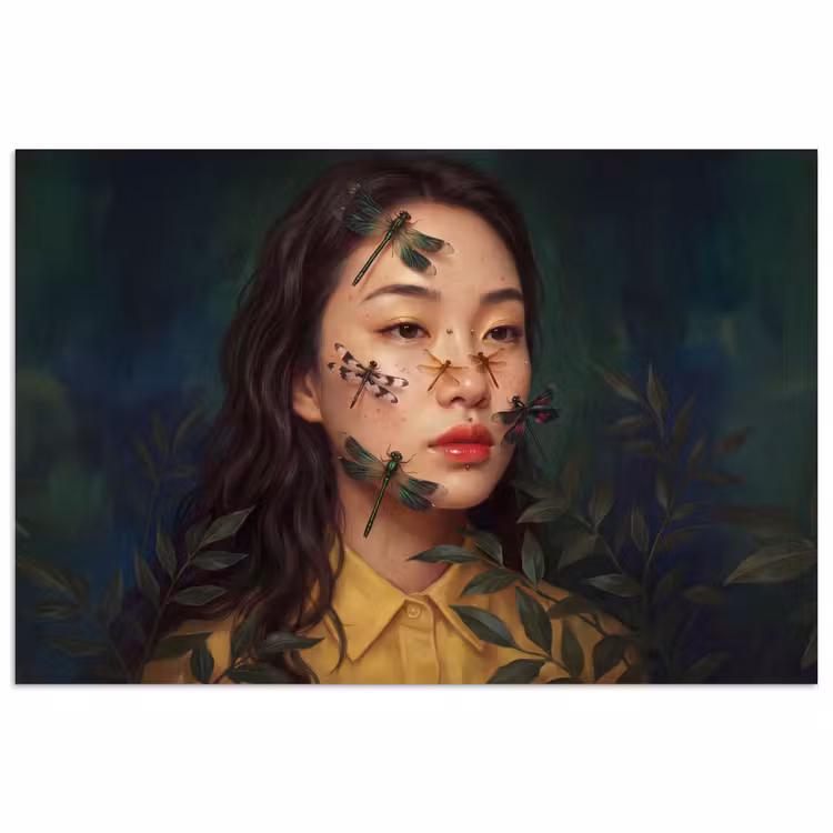 Vrouw - Insecten - Natuur - Portret - Groen poster papier klein -3d