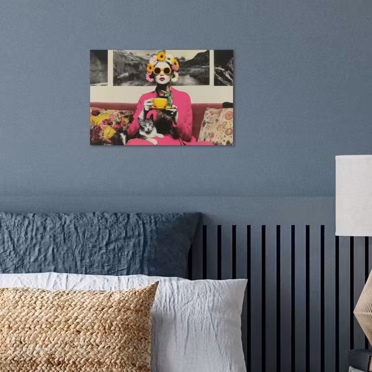 Vrouw - Kat - Bloemen - Kopje - Retro poster papier klein -sfeer2
