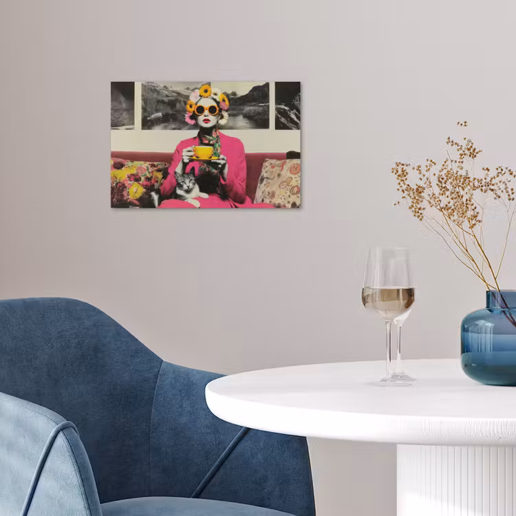 Vrouw - Kat - Bloemen - Kopje - Retro poster papier klein -sfeer3