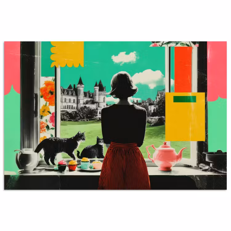 Vrouw - Keuken - Katten - Doorkijk poster papier klein -3d