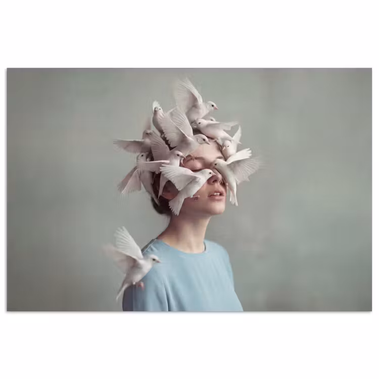 Vrouw - Vogels - Abstract - Modern - Wit poster papier klein -3d