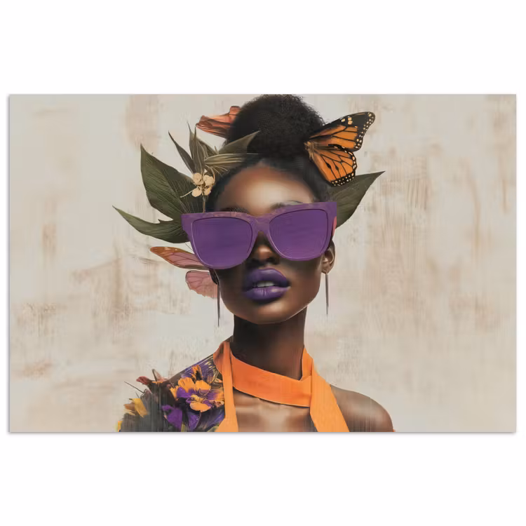 Vrouw - Zonnebril - Vlinder - Bloemen poster papier klein -3d