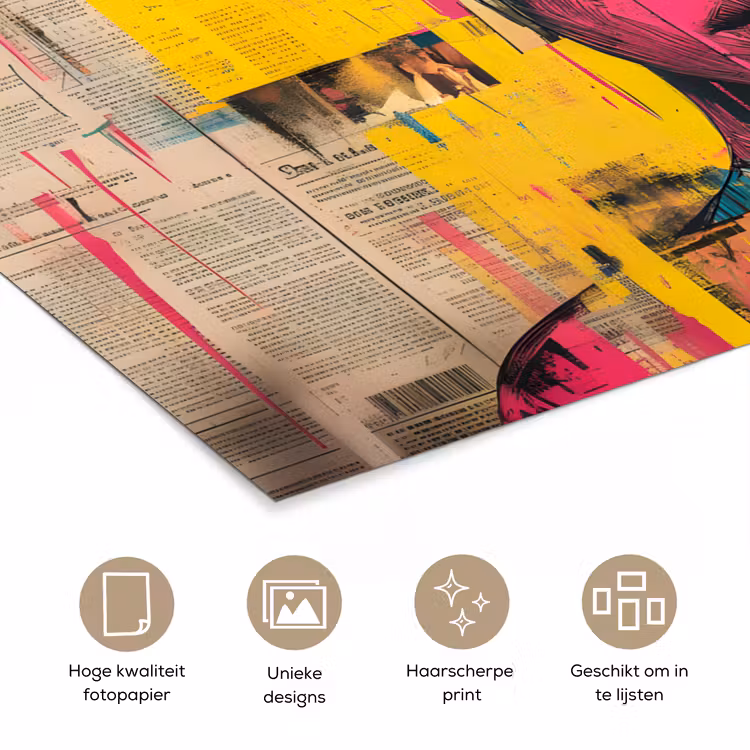 Vrouwengezicht - Krantenpapier - Abstract - Roze poster papier klein -closeup_NL