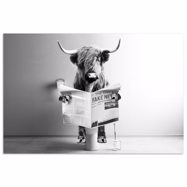 WC - Toilet - Krant - Schotse Hooglander - Zwart Wit poster papier klein -3d